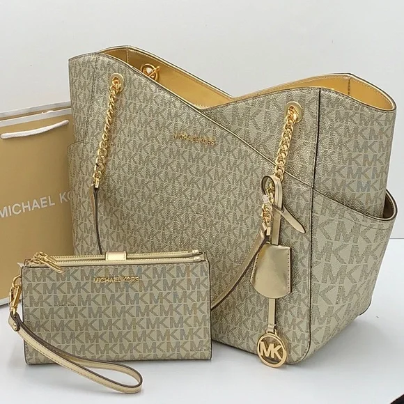 Michael Kors Large X Chain Sholder Tote & Large Double Zip Wallet Pale Gold - Picture 9 of 16